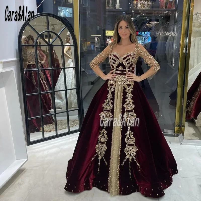 Luxury Burgundy Evening Dresses For Women Party Beading Sequin Velour A Line Prom Gowns Long Sleeves robe de soirée de mariage