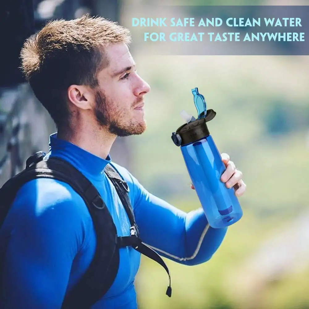 Membrane Solutions Filtered Water Bottle BPA Free Emergency Water Purifier with 4-Stage Integrated Filter Straw for Travel Camp