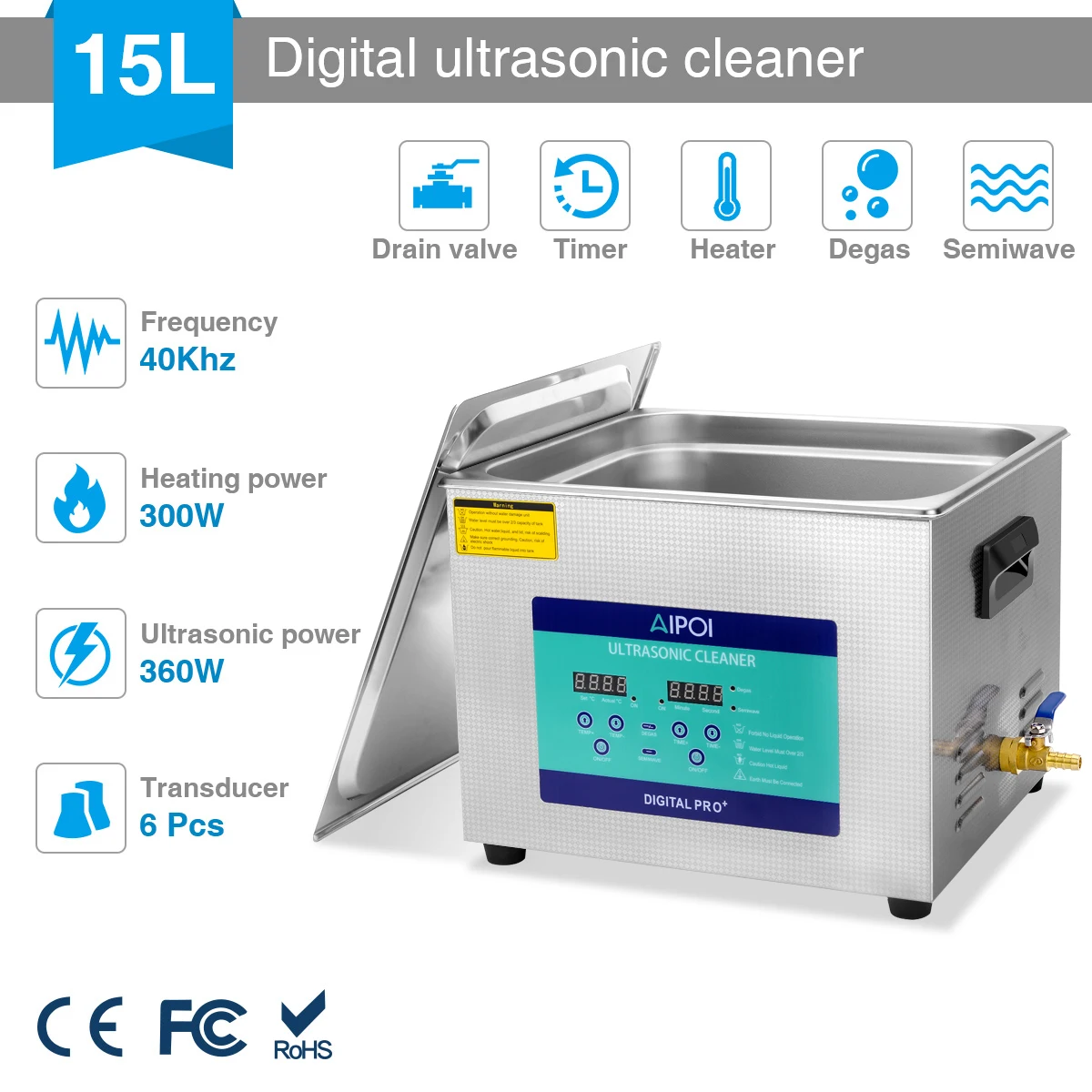 AIPOI Ultrasonic Cleaner with Digital Time , 15L Professional 40kHz Retainer Denture and Jewelry Cleaner Home Appliances