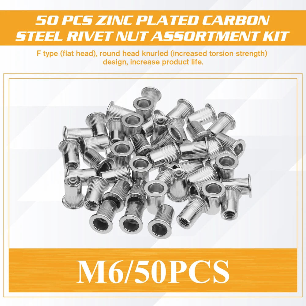 

50pcs Zinc Plated Rivetnuts Blind Set Nutserts Threaded Insert Nutsert Cap Flat Head Rivet Nuts Carbon Steel M6