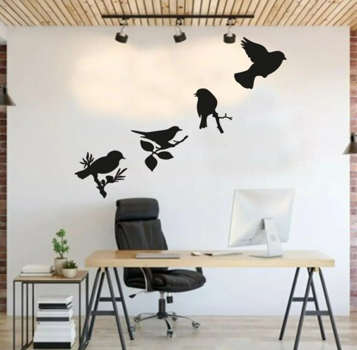 Set of 4 Bird Wood Wall Decoration Black Color Laser Cut Modern Nature Home Office New 3D Creative Stylish Living Room