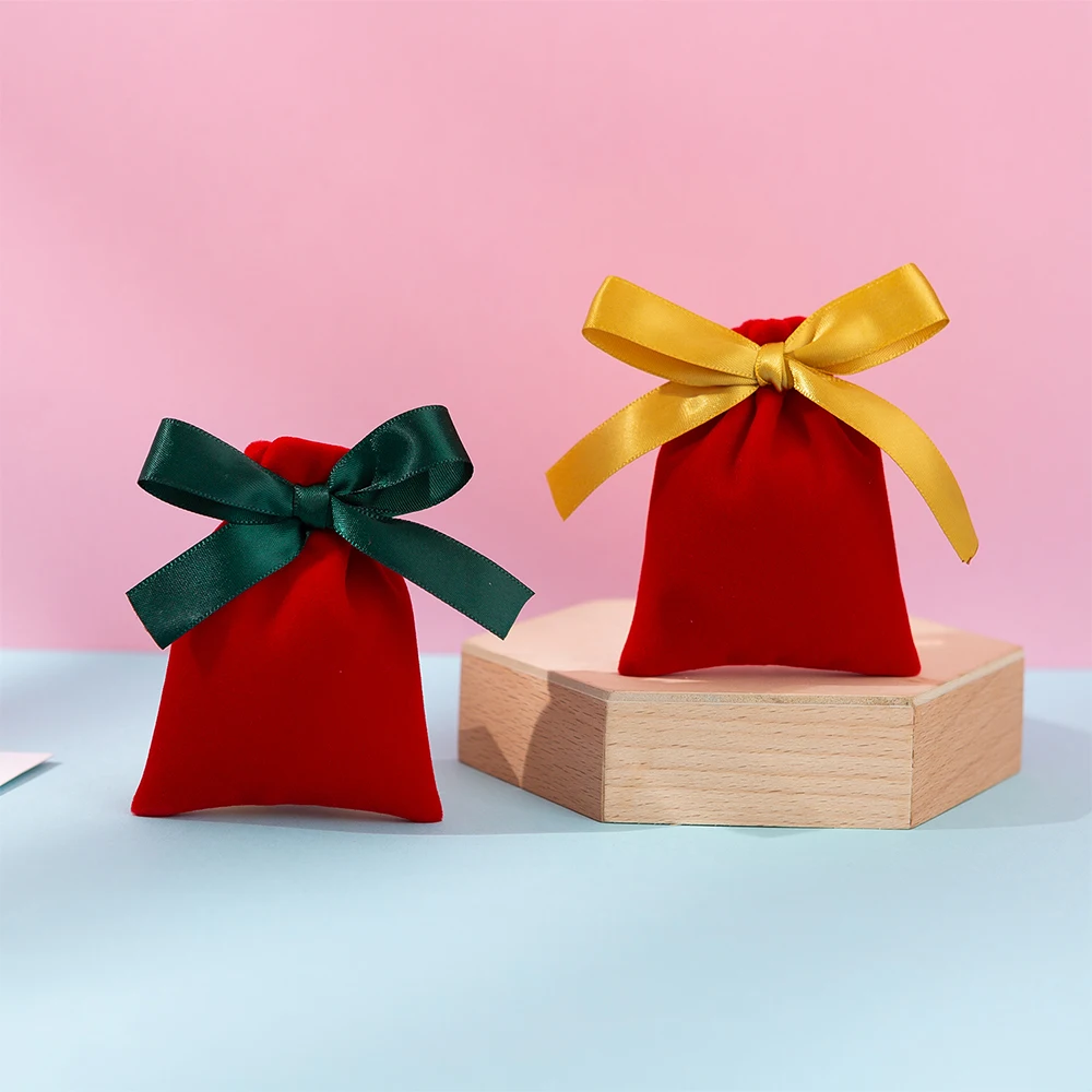 50 Ribbon Velvet Gift Bag Jewelry Packaging Custom Drawstring Pouch Lipstick Eyelashes Wedding Party Makeup Bags Wrapping Supply