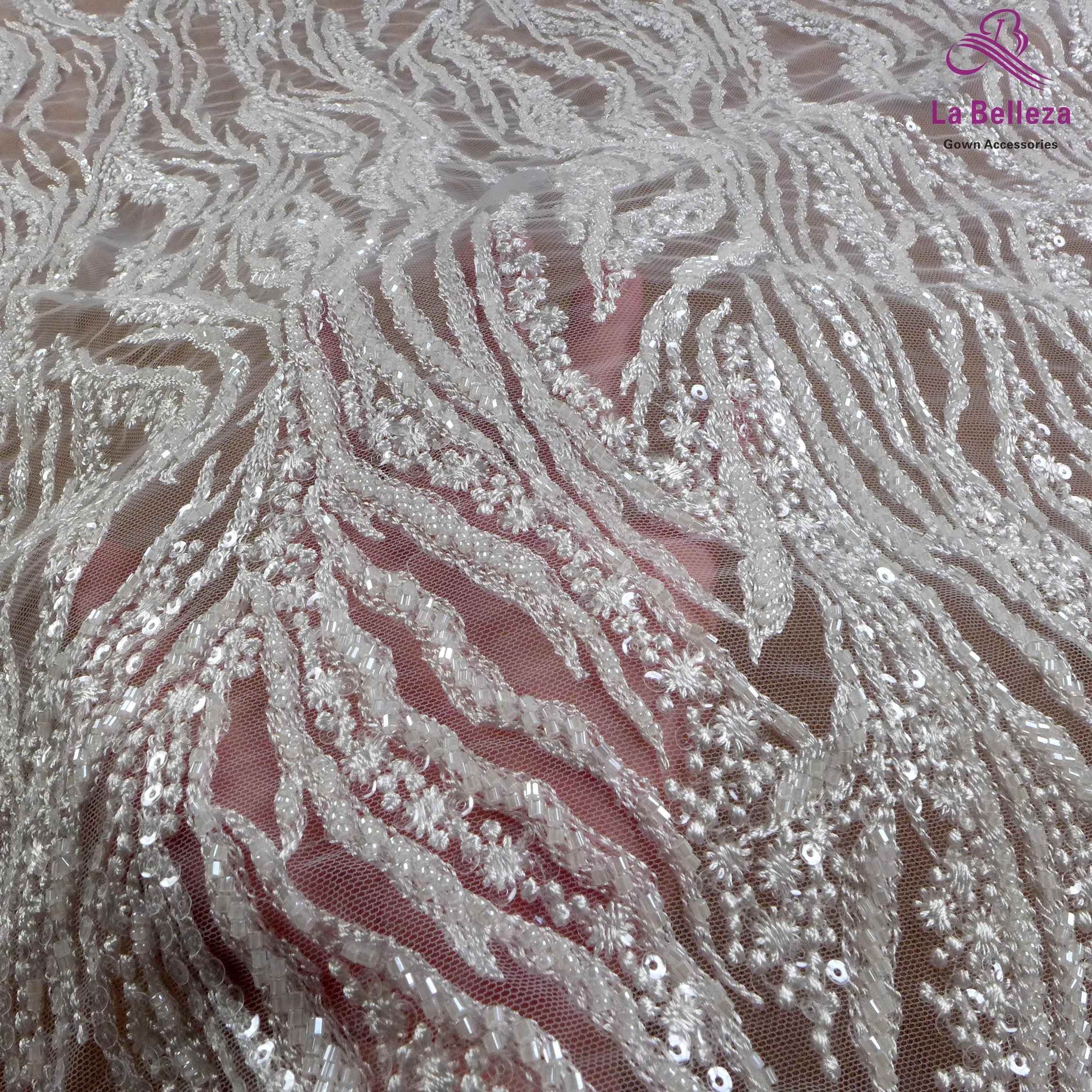 La Belleza Hot fashion bride lace,simple lines beading lace fabric,white lace fabric embroidered for wedding dresses by yard