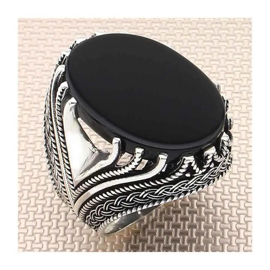 

Solid 925 Sterling Silver Node Model Natural Ring Black Onyx Gemstone Silver Ring Vintage Handmade Men Jewelry