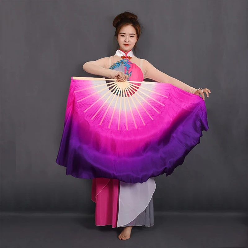 New Chinese Classical Yangko Dance Performance Props White-Rose-Purple Gradient Long Silk And Bamboo Double-Sided Dance Fan