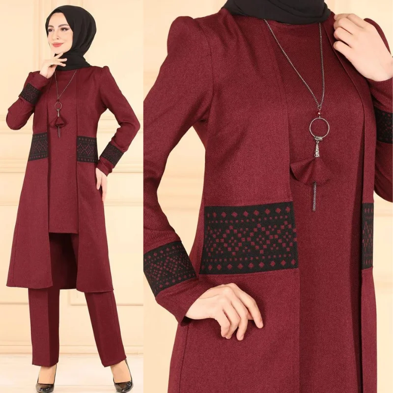 new season three piece sets and pants laser cut muslim women turkey long muslim dress split Abaya ramadan Kaftan islamic clothin