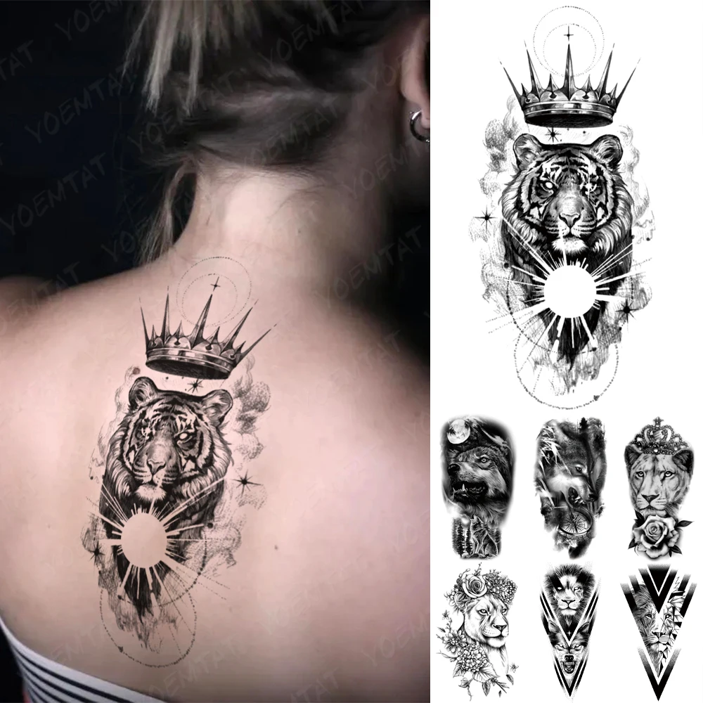 

Waterproof Temporary Tattoo Stickers Tiger Crown Stars Lion Rose Wolf Flash Tatto For Women Men Arm Body Art Fake Sleeve Tattoos