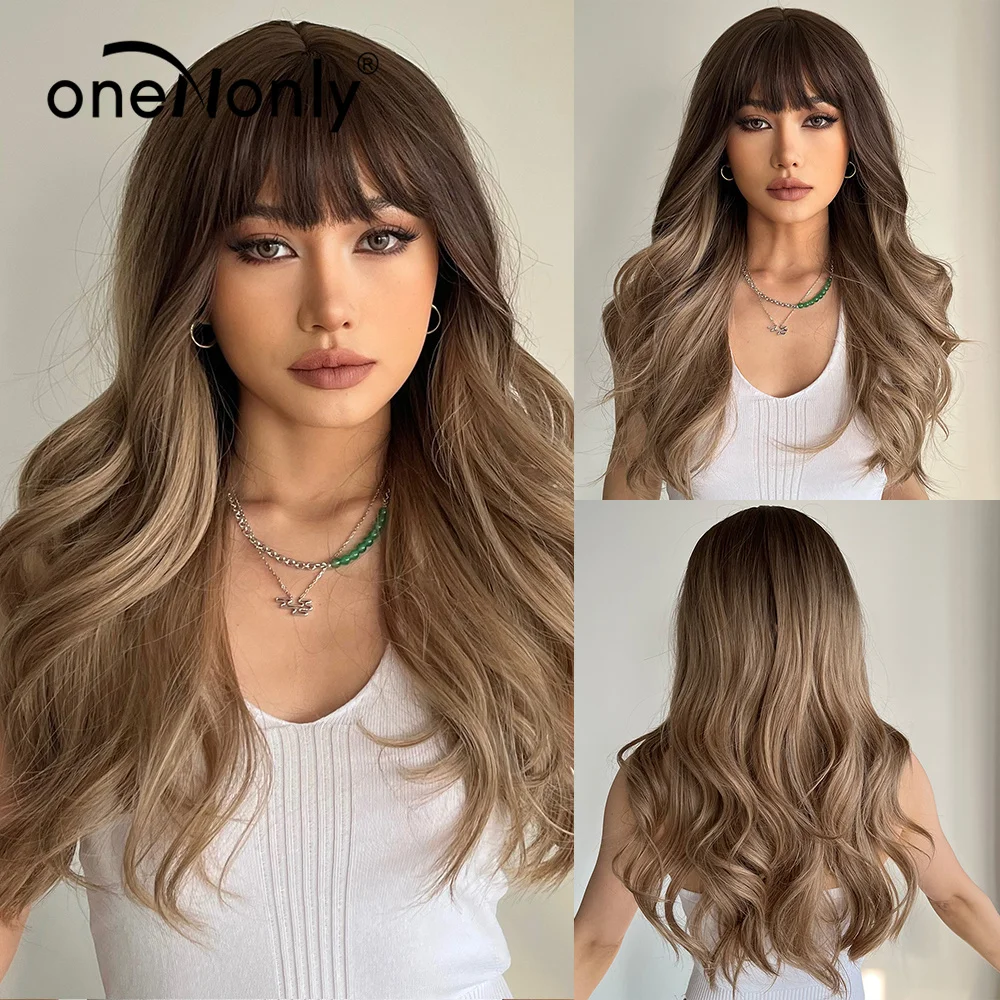 

oneNonly Brown Wig with Bangs Synthetic Wigs for Women Long Wave Natural Wig Hair Heat Resistant Fiber
