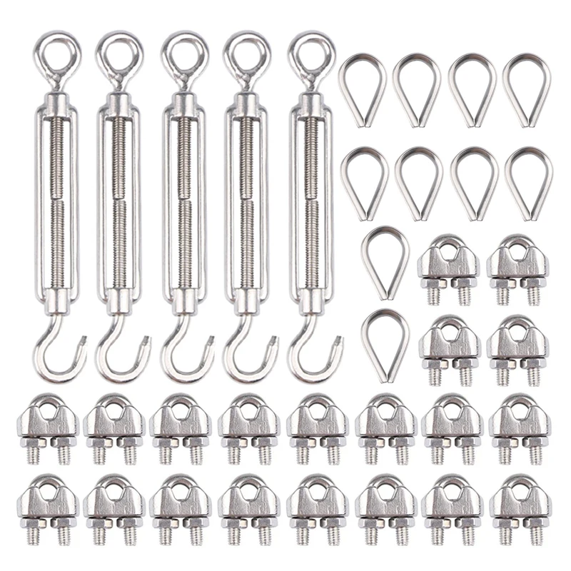 Stainless Steel 304 Hook & Eye Turnbuckles Adjustable Wire Rope Tensioner M6 Strainer M3 Wire Rope Clips Cable Railing Kit