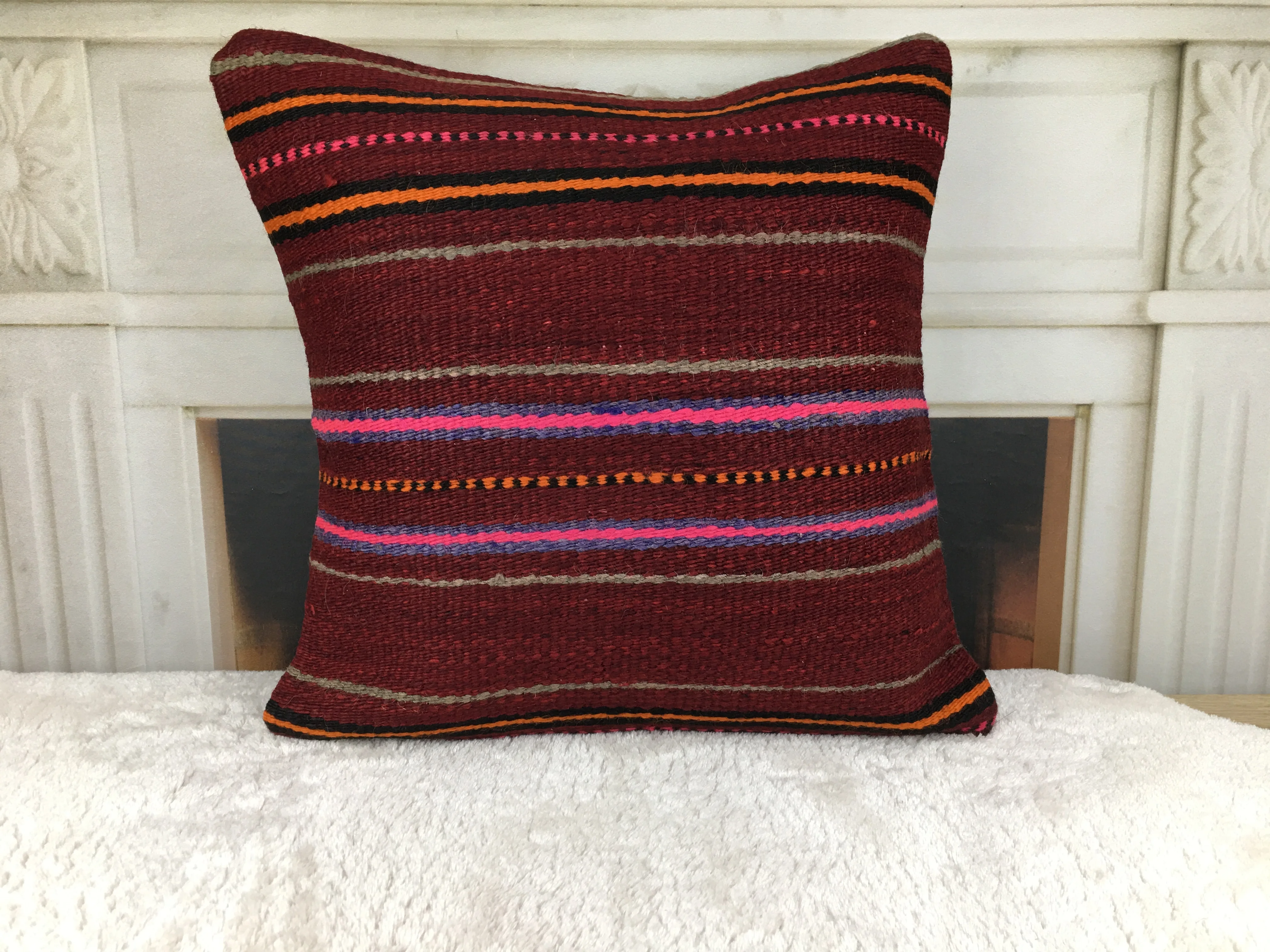 

Handmade Turkish Kilim Pillow Decorative Stripe Pillow - 18x18 Inches - 45x45 Cm Wool Hidden Zipper