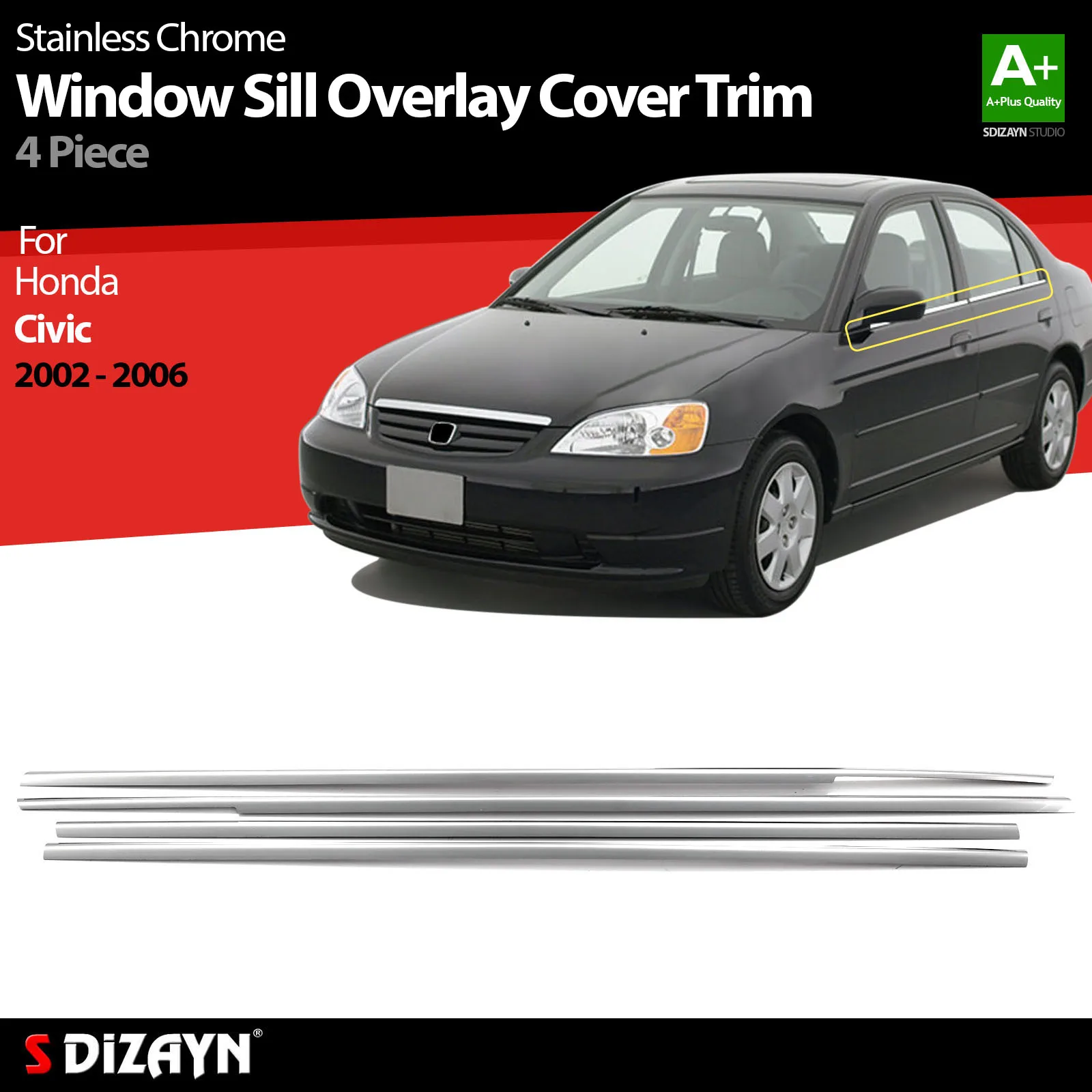 

S Dizayn For Honda Civic Chrome Window Sill Overlay Cover Trim Stainless Steel 4 Pcs Exterior Car Accessories Parts Auto