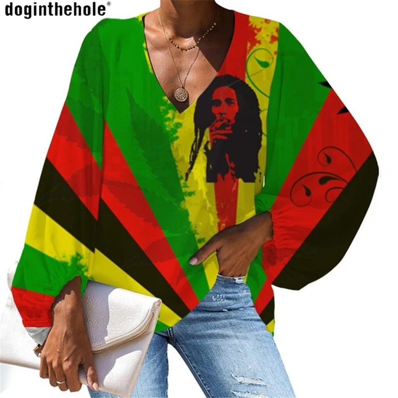 Doginthehole Woman Tops Causal Raggae Jamaica Flag Printing Fashion Clothes Woman Loose Ladies Clothing Top mujer 2020 Autumn