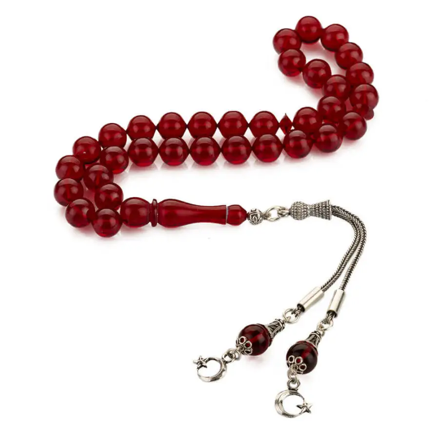 Silver Red Amber Gemstone Prayer Rosary Men Starling Cut Rosary With Silver Tassel Turkish Tasbih With Double Moon Star Tassel