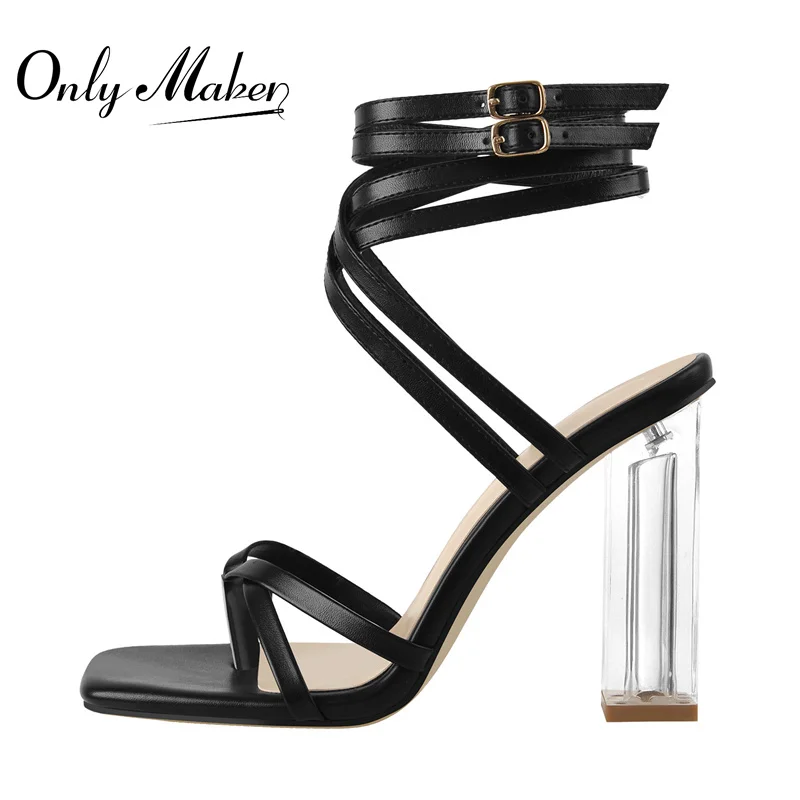 Onlymaker Square Open Toe For Women Sandals Flip Flops Matte Black Transparent Square Heel Ankle Buckle Cross Strap 2021 Fashion