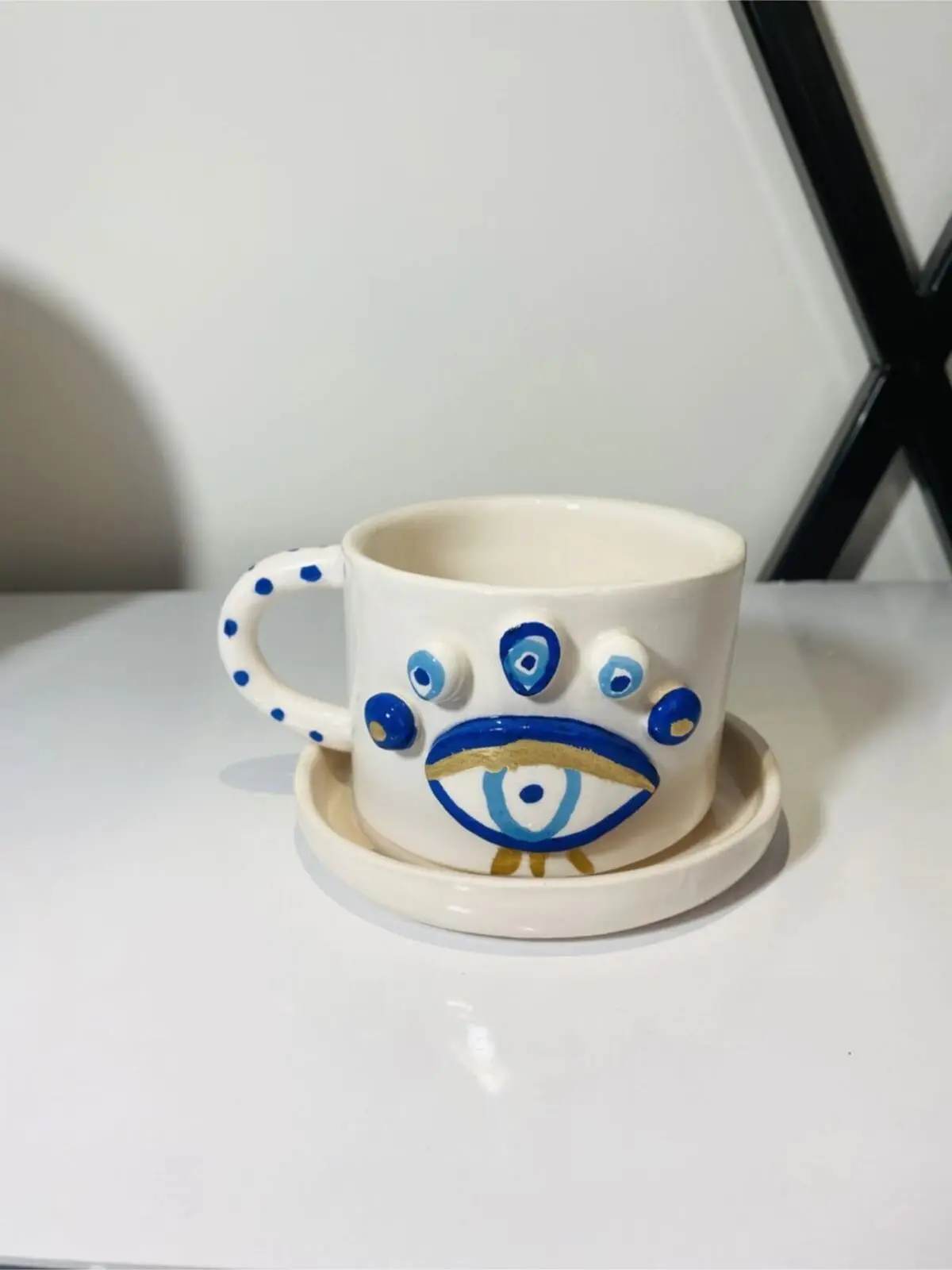 

Evil Eye Handmade Hand Painting Ceramic Cup Nordic Design Ceramic Porcelain Cup Pad Turkish coffee Espresso Cup Set