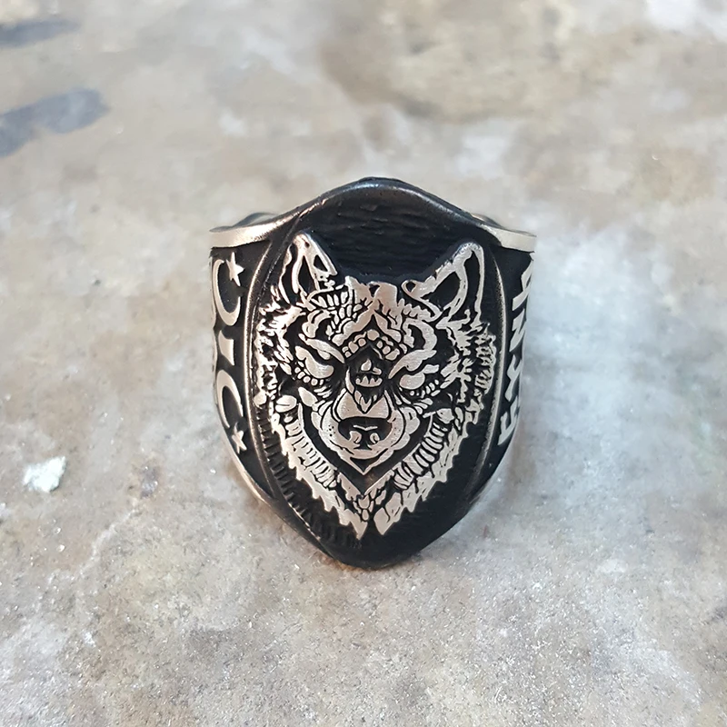 Original New Hot Selling Wolf English Men Rings Antique Pattern Trendy Punk Bohemian 925 Silver Color Mens Ring Vintage Jewelry