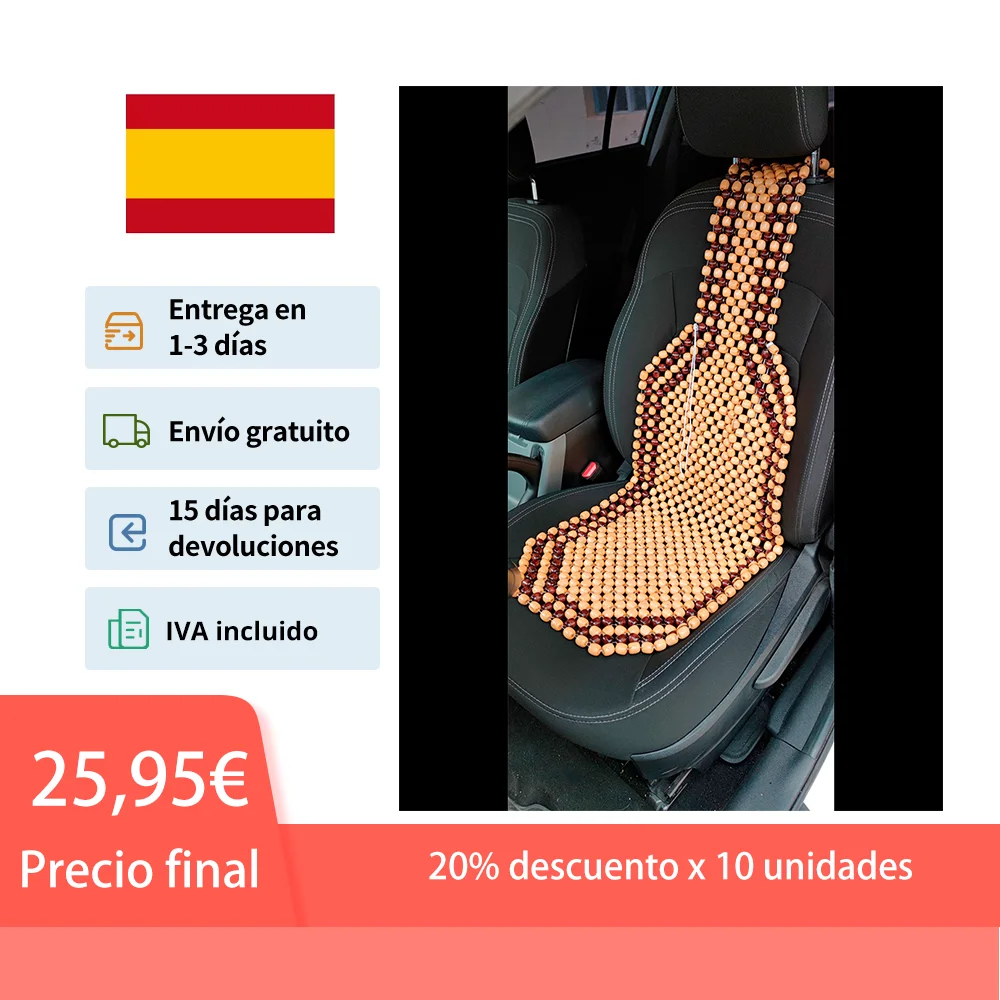 Seat Back of wooden balls measures approximate 137x38 cm. adaptable to any standard seat provides a massage effect and allows ventilation of the back reducing heat and fatigue