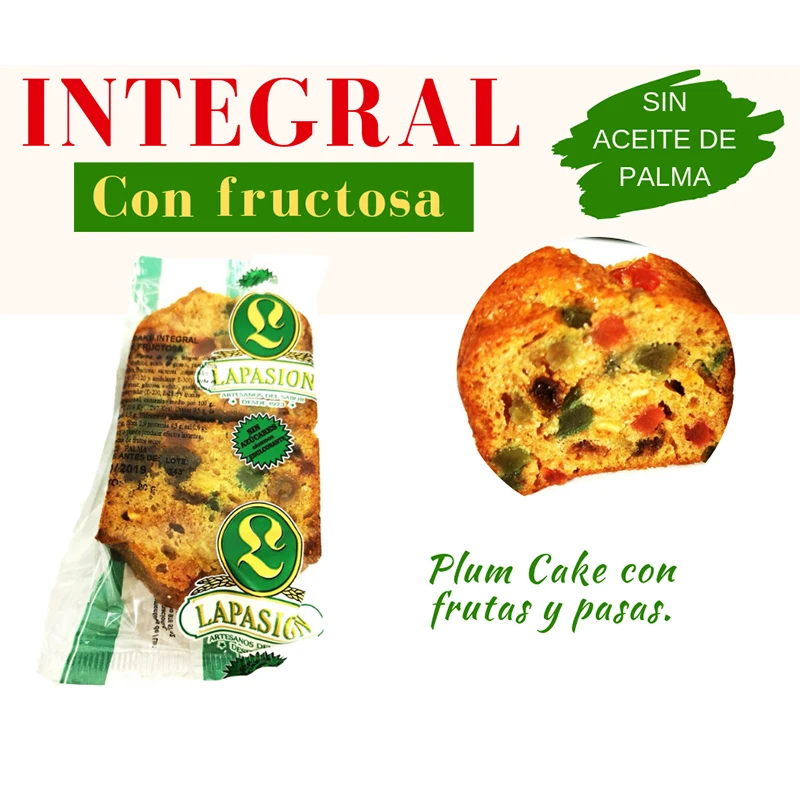LAPASION - Plum Cake integral con fructosa. Bizcocho con frutas y pasas. Cada paquete contiene 2 piezas.2,5 Kg. Productos de Repostería.