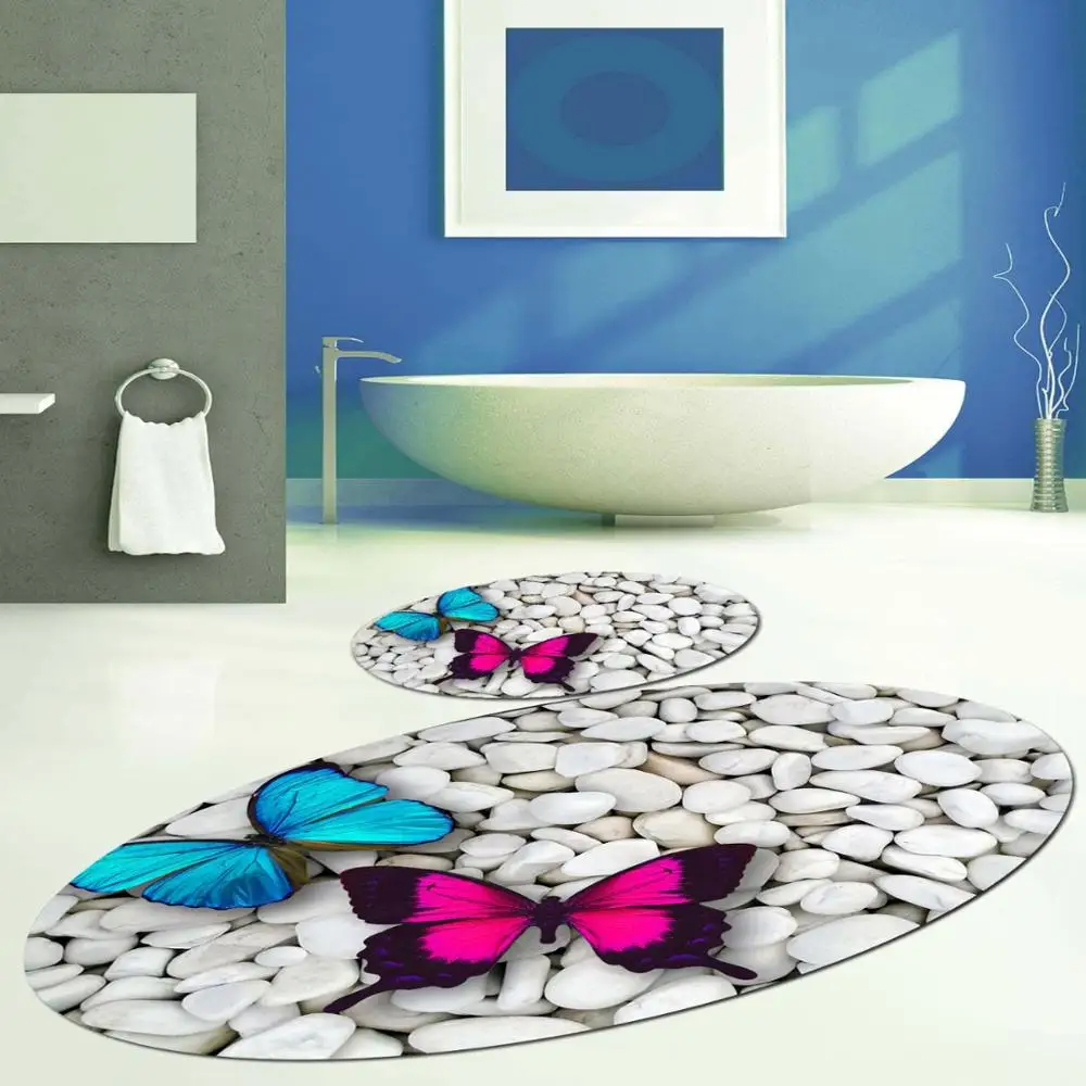 

Else Gray Pebble Stones on Blue Pink Butterfly 2 Pcs 3d Pattern Print Bath Mats Anti Slip Oval Washable Bathroom Mat Toilet Rugs