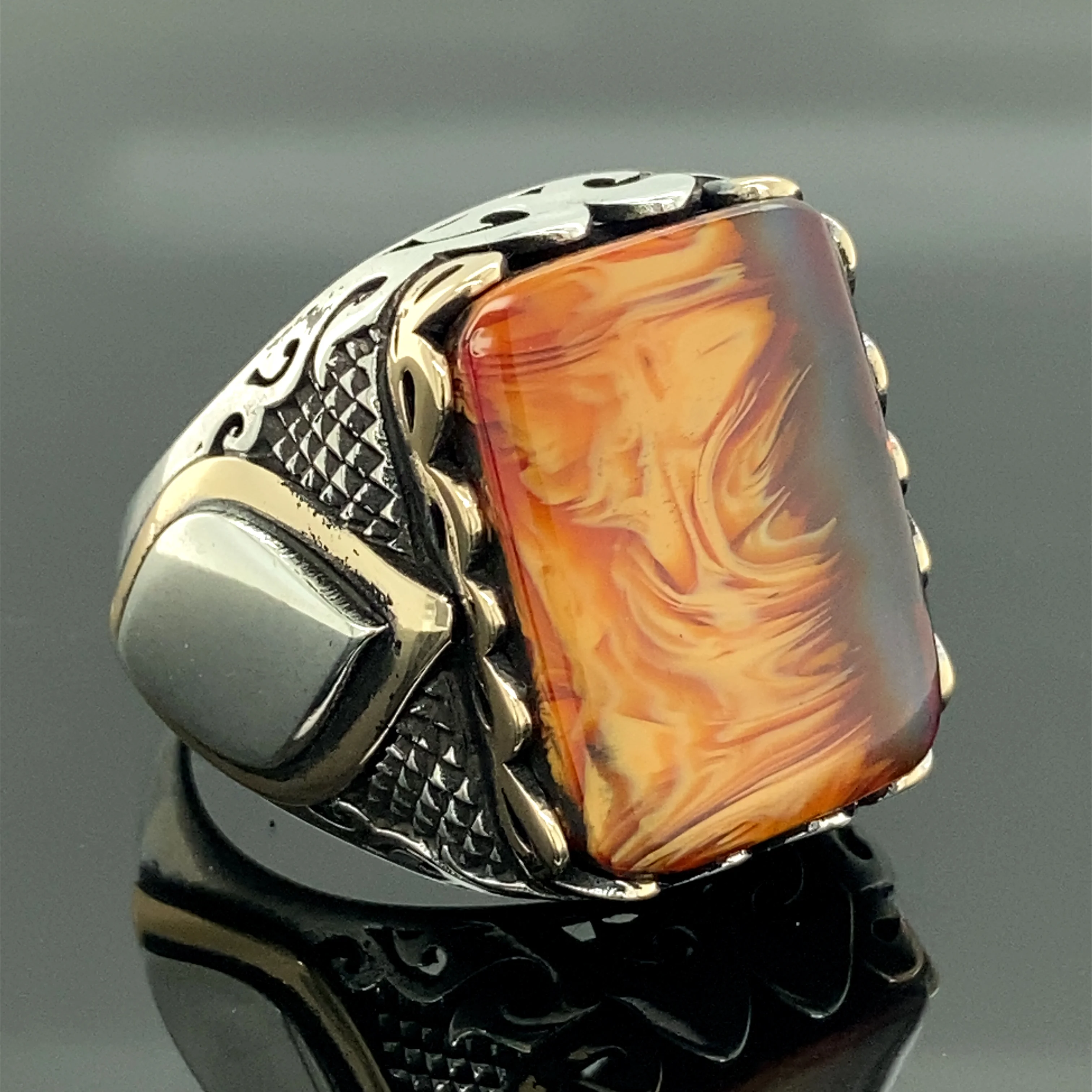 Silver Handmade Ring , Bakelite German Amber Ring ,Amber Gemstone Ring , Turkish Handmade Silver Ottoman Jewelry, 925K Sterling