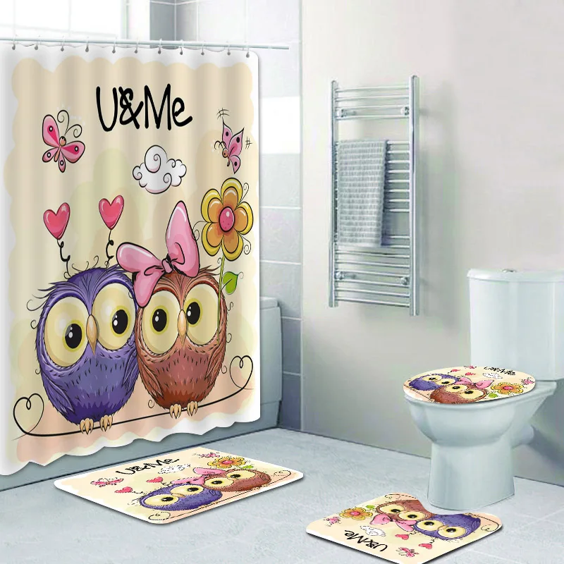 Cute Couple Hedgehog Love Kiss Bathroom Shower Curtains Set for Bathroom Owls Cats Animal Lover Bath Mats Valentine Wedding Gift