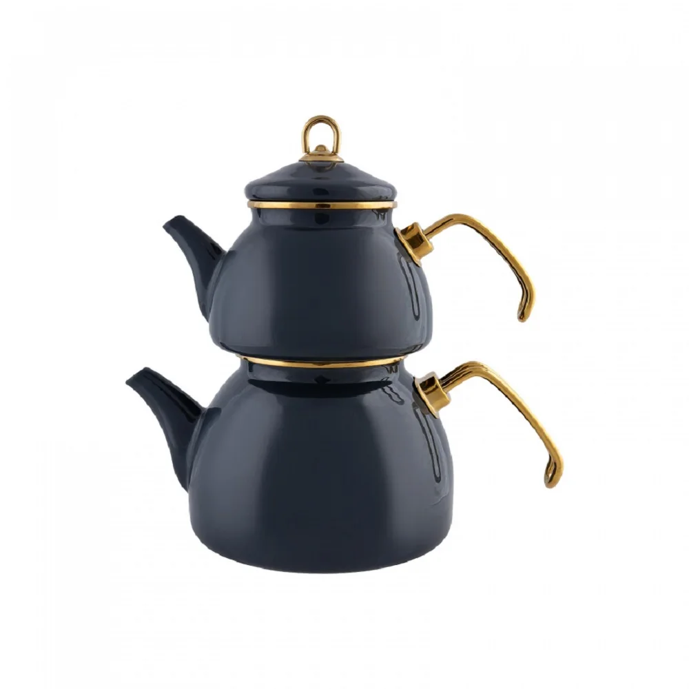 Gold Detailed Navy Blue Teapot Counter Top Enamel Teapot