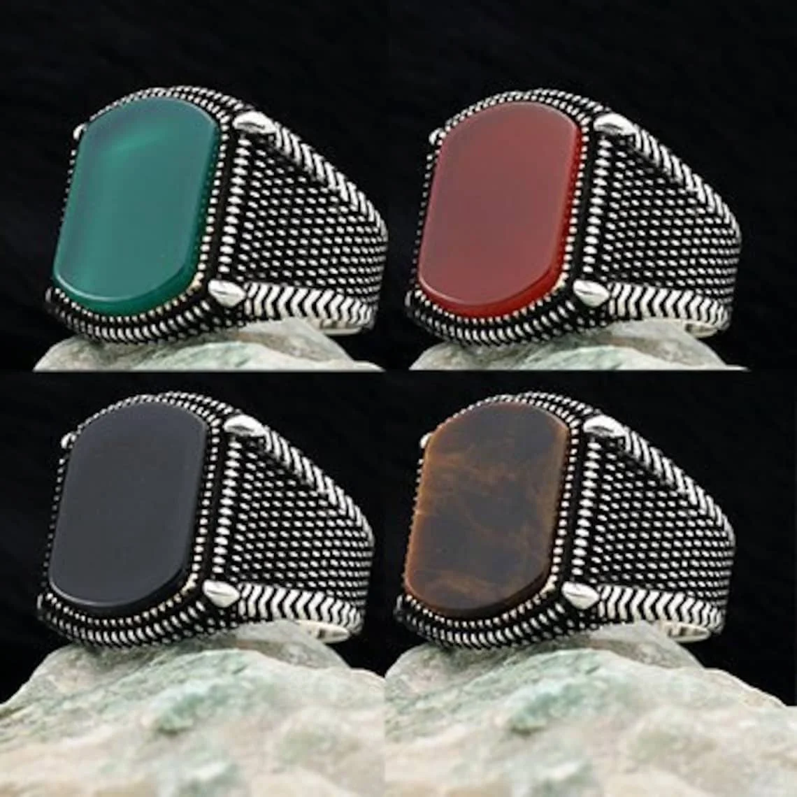 

Turkish Gem Stones Claw Solid 925 Sterling Silver Men's Ring, Onyx, Agate, Jade, Tiger's Eye Stones Jewelry Gift For Him