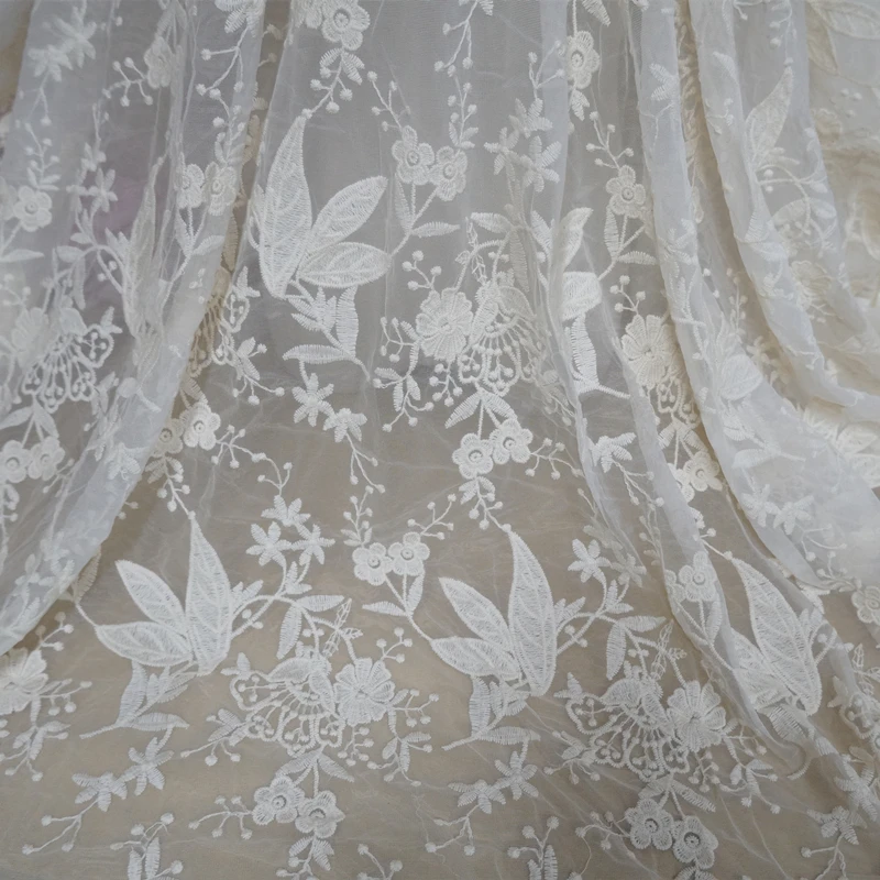 

Beige Cotton Floral Embroidery Lace Fabric Soft Tulle Flower Leaf Overlay lace fabric for DIY Sewing Wedding Dress By 1 yard