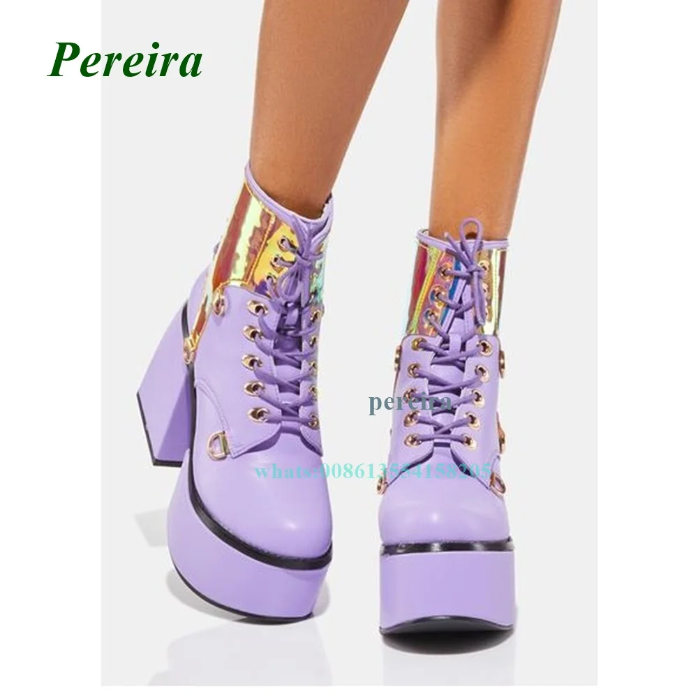 Purple Round Toe Platform Ankle Boots 2022 New Chunky Heel Cross Tied High Heels Lace Up Lacer Women\'s Shoes Sexy Plus Size Boot