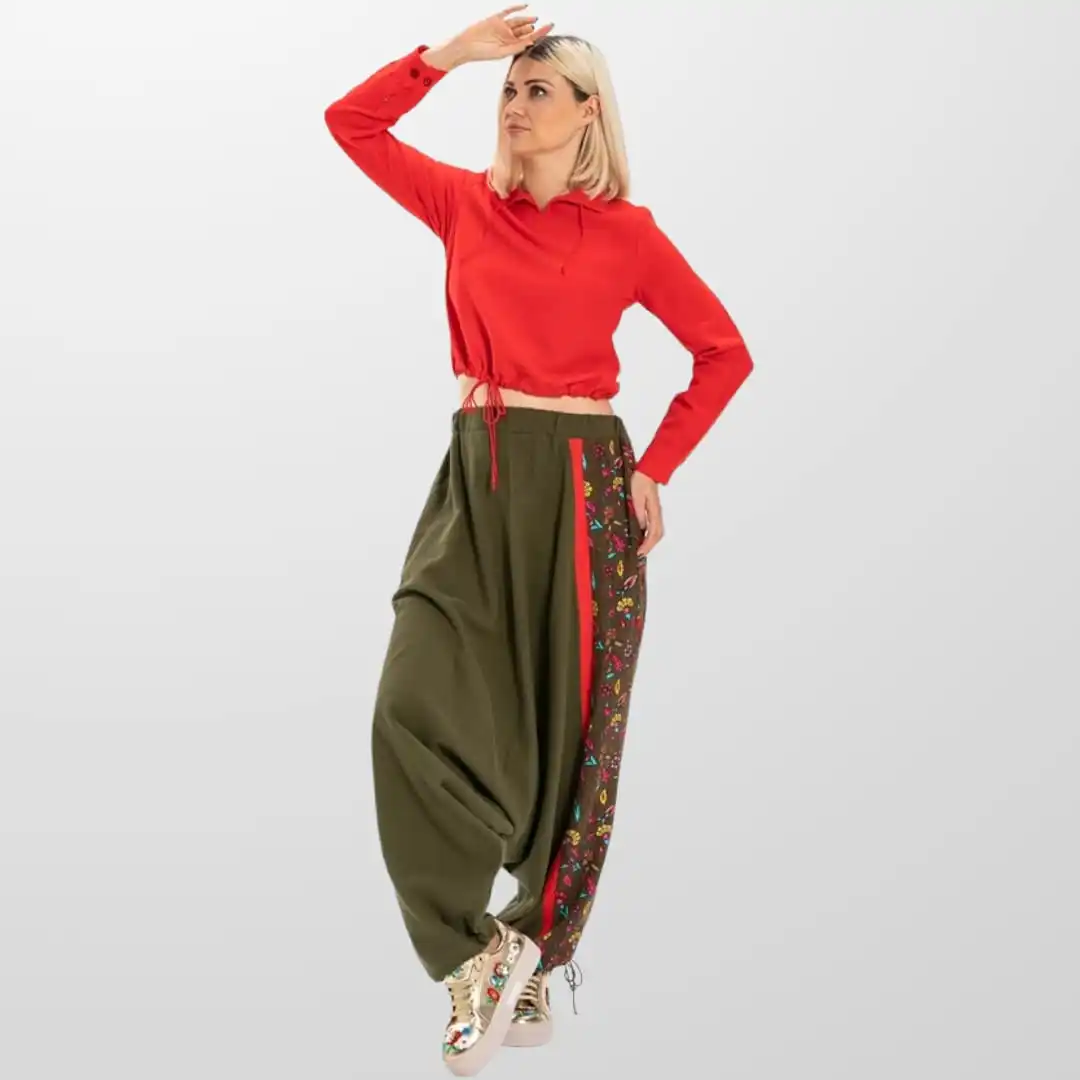 

Khaki Green Color Garnished Flannel Harem Pants For Women Baggy 2022 New Fashion Casual Bottom Wear Shalwar