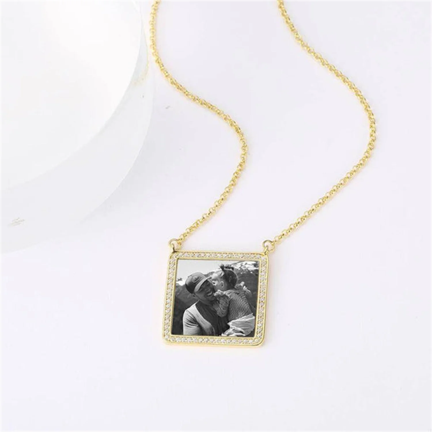 Photo Engraved Necklace Rhinestone Crystal Square Shape Unique Necklace 18K Plated Gold Golden - Photocopying Remembrance Pet