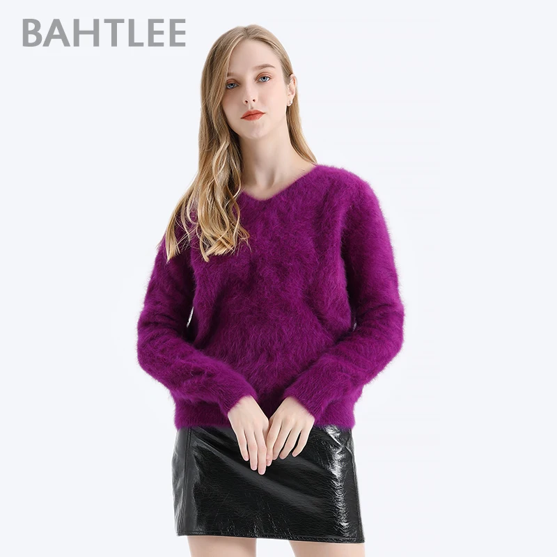 BAHTLEE-Women\'s Angora Wool Knitted Jumper, Long Sleeves, V-Neck Suit, Basic Style Pullovers, Pure Color, Autumn, Winter