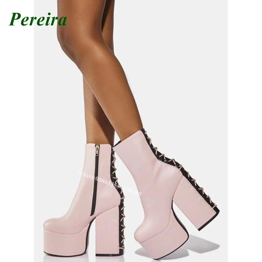 Pink Platform Ankle Boots 2022 New Brand Round Toe Chunky Heel High Heels Designer Cross Back Side Zip Leather Casual Ladies