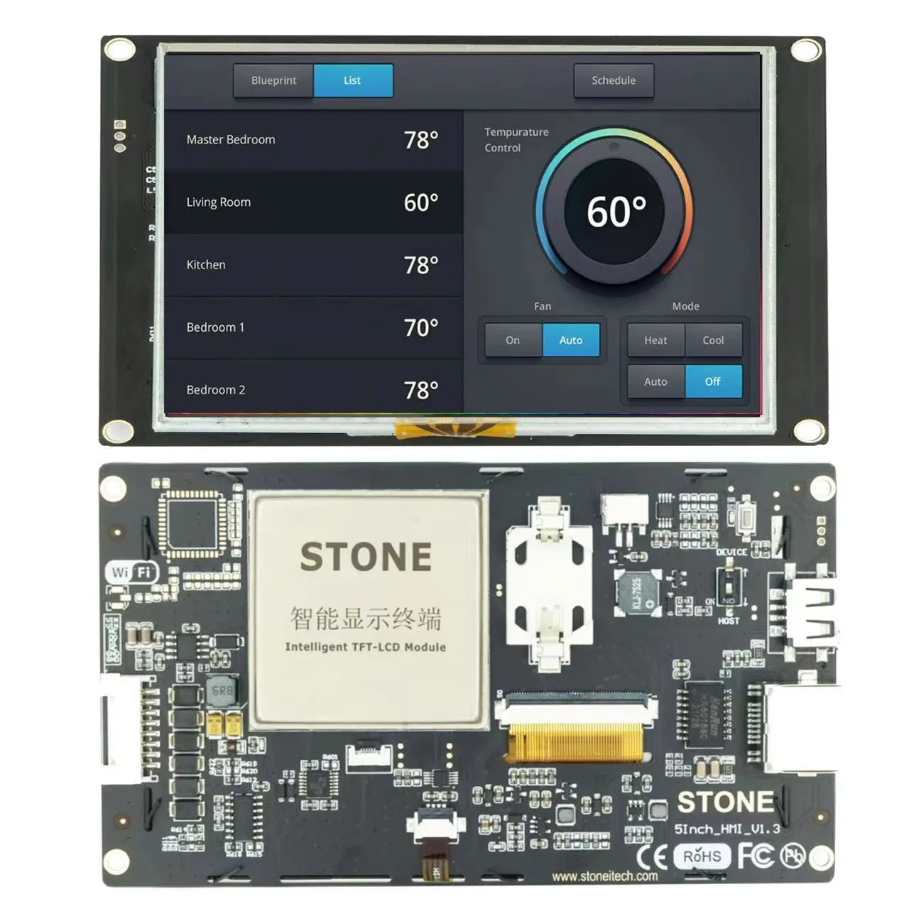 LCD Display 5inch Fully compatible with RS232/TTL UART Interface & USB port RS232/RS422 / RS485/ TTL / LAN port Wi-Fi