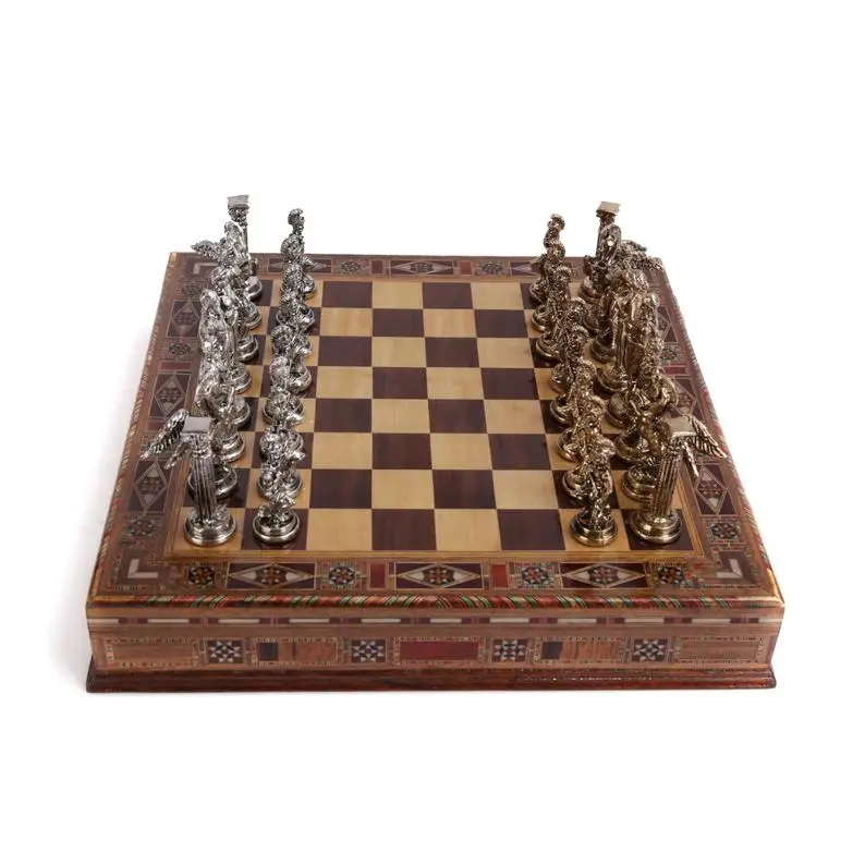 Medium Mythologic Pegasus Metal Chess Set, handmade Pieces and Natural Solid Wooden Chess Board with Storage Inside King 8 cm