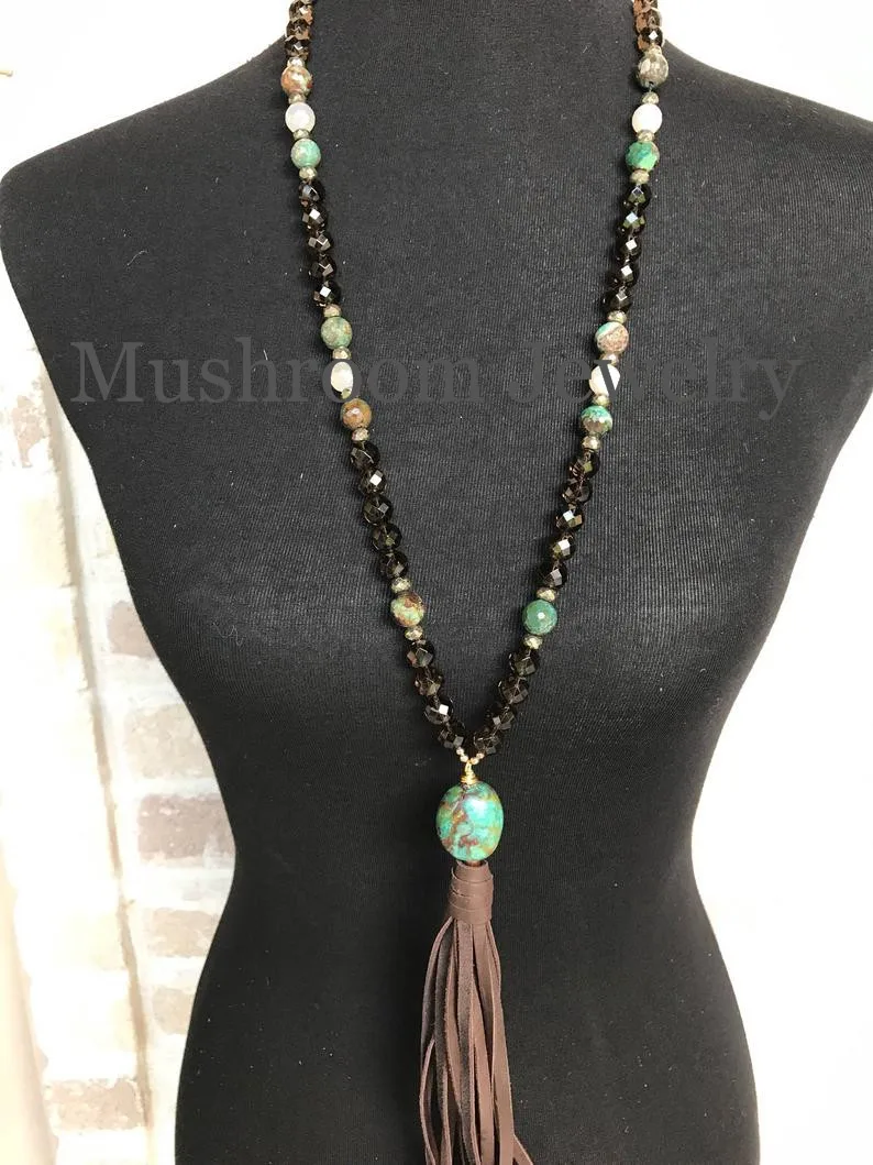 

Bohemian Jewelry CRYSTAL TURQUOISE PYRITE Stone Link leather Tassel Necklaces Women Turqoise Bead