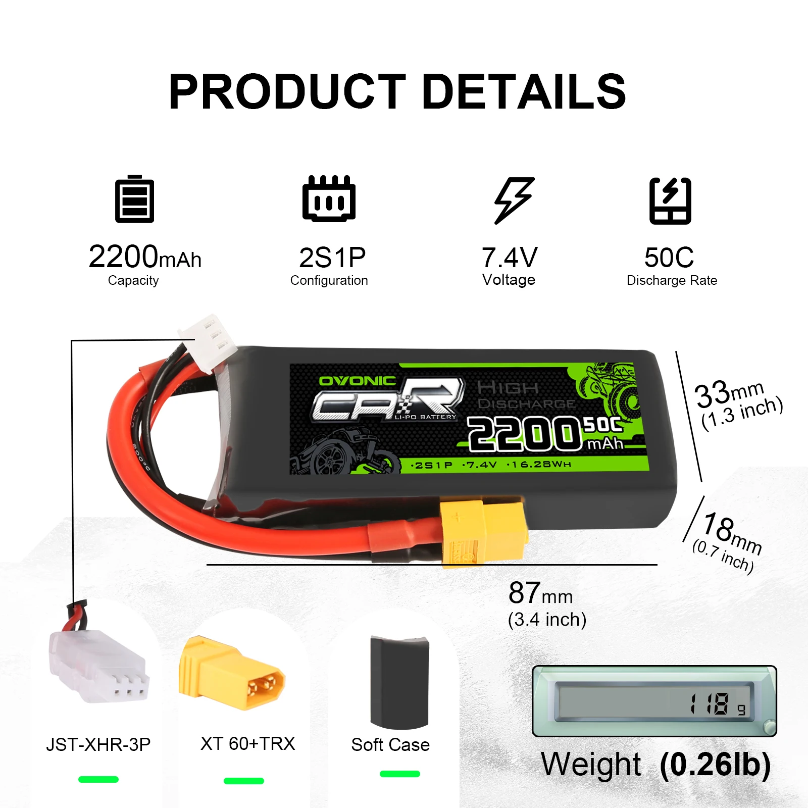 Baterías Lipo 2S para helicóptero, avión, barco, camión, coche, OVONIC de EE. UU., 2200mAh, 7,4 V, enchufe 50C Max 100C XT60, 2 piezas