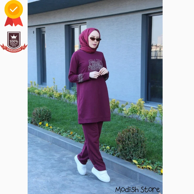 Stone Printed Sports Double Muslim Sets abiti turchi di grandi dimensioni Dubai Abaya Muslim Fashion Ramadan Islamic Modest Dress