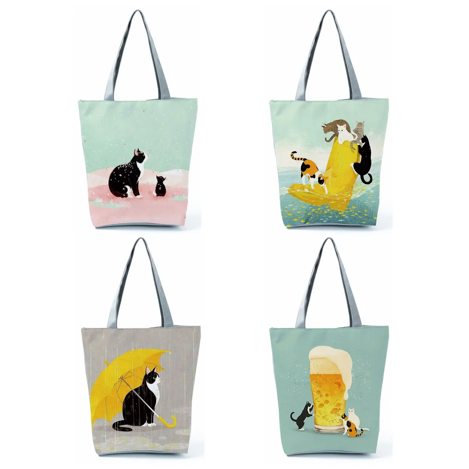 

Customized Cartoon Cat Print Korean Tote Bag For Women Reusable Eco Shopping Bags For Groceries Folding Travel School Bags Pouch