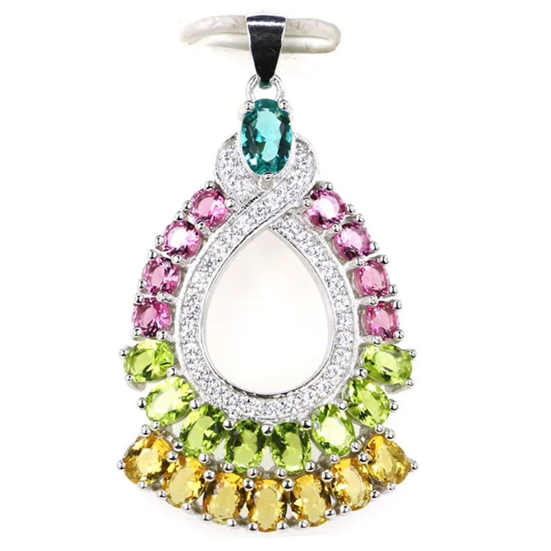 925 Solid Sterling Silver Pendant 40x23mm Multi Color mosaic Gemstone 5.5g Pink Tourmaline Golden Citrine Aquamarine
