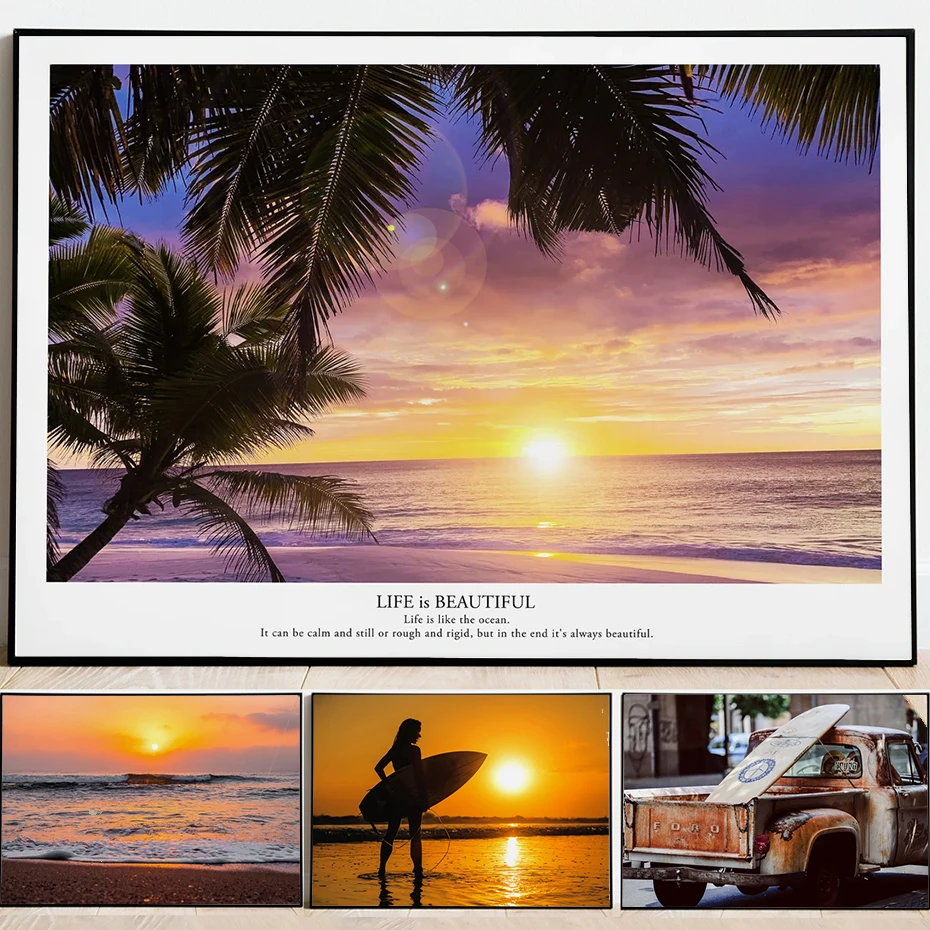 

Modern Natural Scenery Posters Fashion Life Wall Art Prints Sunset Seascape Canvas Painting Girl Surf Picture Living Room Decor