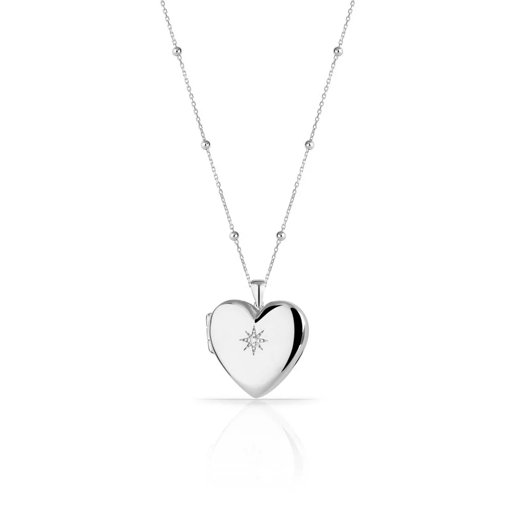 Sterling Silver Heart Photo Charm Locket Zircon Necklace Jewelry with Chain