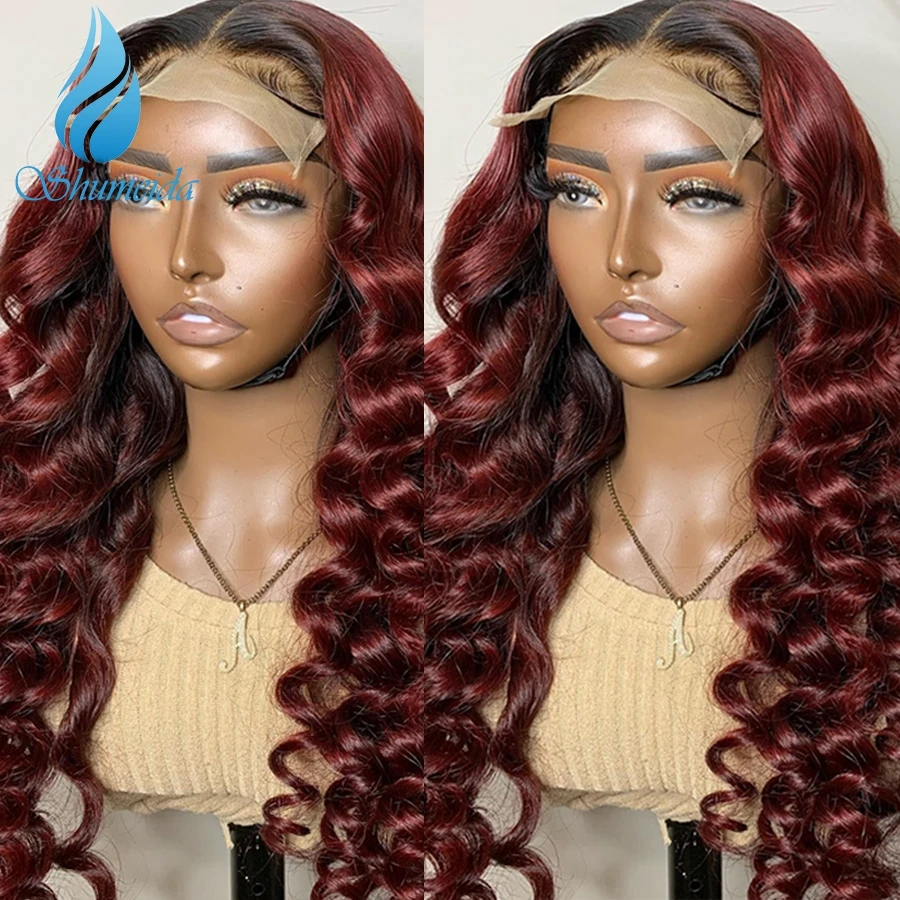 Shumeida 13x6 Lace Front Human Wigs Ombre Red Brazilian Remy Human Hair Wavy Wigs for Women Human Hair Glueless Wigs Baby Hair