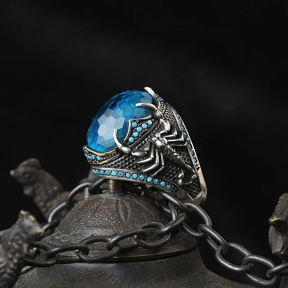 

925K Sterling Silver Ring Crystal Cut Blue Zircon Stone King Scorpion Embroidered For Unisex Handmade Jewerly Fine Workmanship