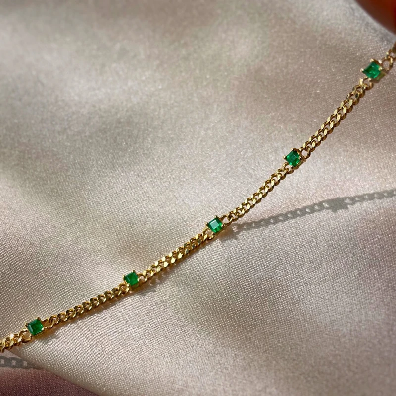 Aazuo Real 18K Yellow Gold Natrual Emerald Real Diamonds Small Cuban Chain Bracelets For Woman Upscale Trendy  Engagement Party