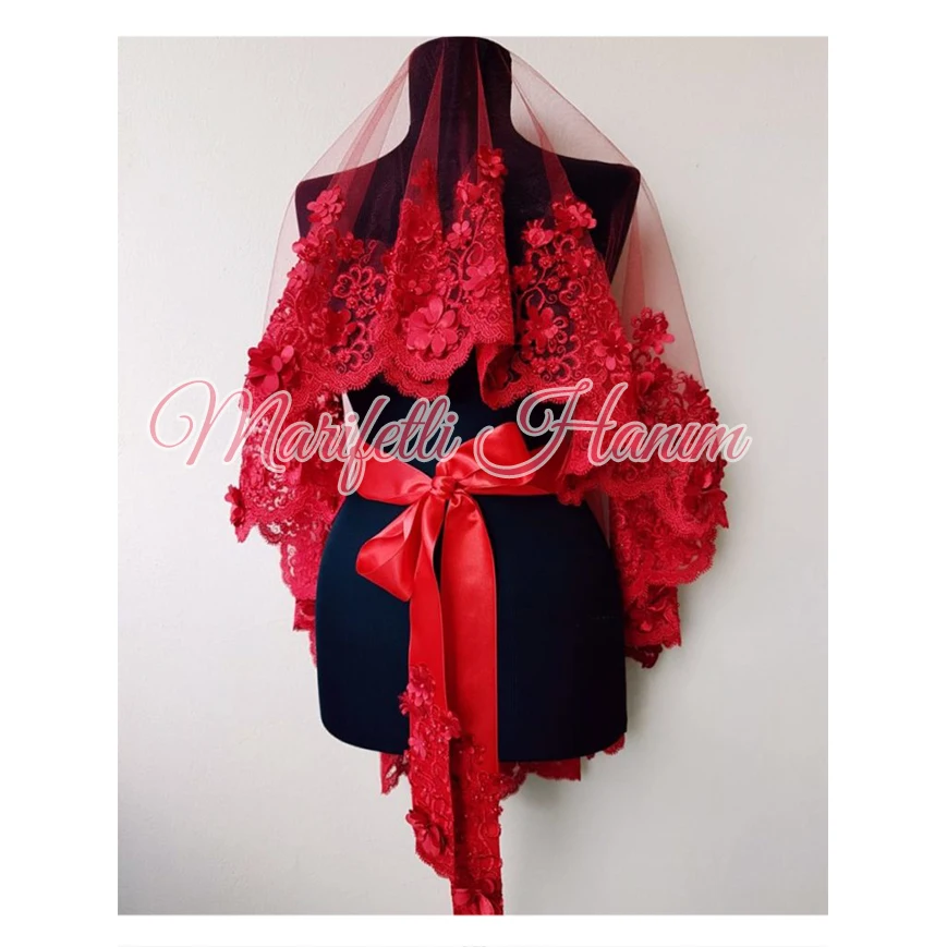 3D Floral Lace Red and Carlet Red Veil Kırmızı ve Bordo İnci Süslemeli Duvak maroon veil