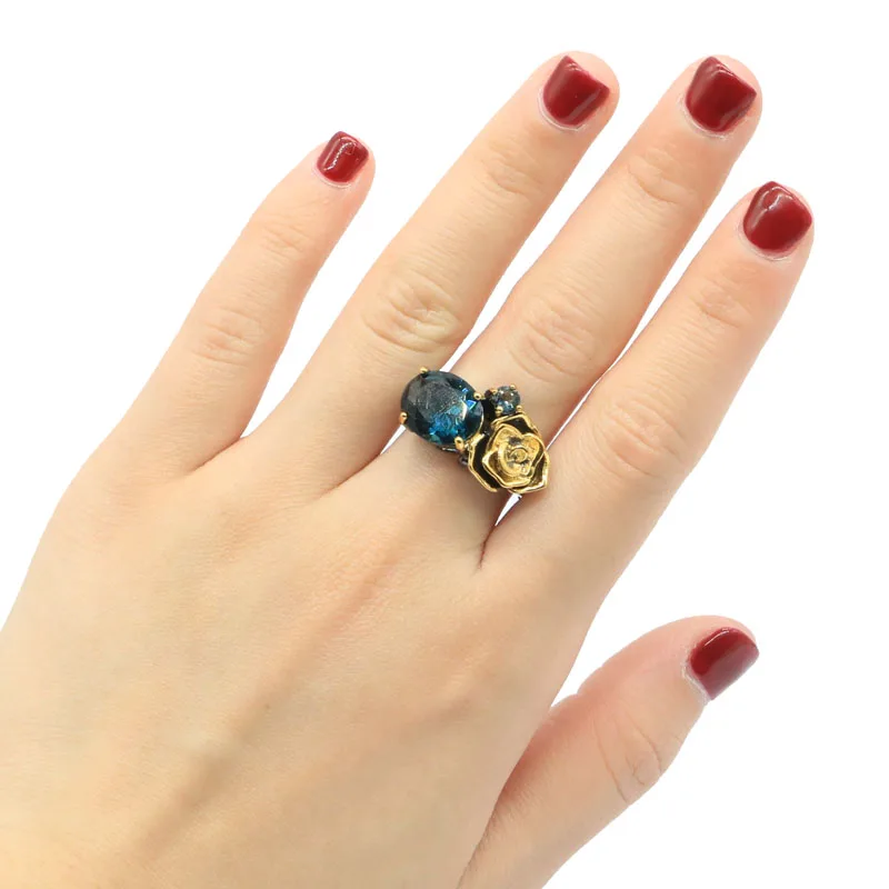 Buy 2 get 1 free 24x15mm Neo-Gothic Rose Dark London Blue Topaz Iolite Emerald Tourmaline Black Gold Silver Rings