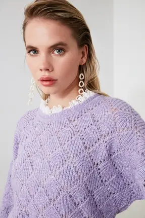 Pull en tricot ajouré avec détail en dentelle pour femme, vêtement élégant en Organza, Perspective