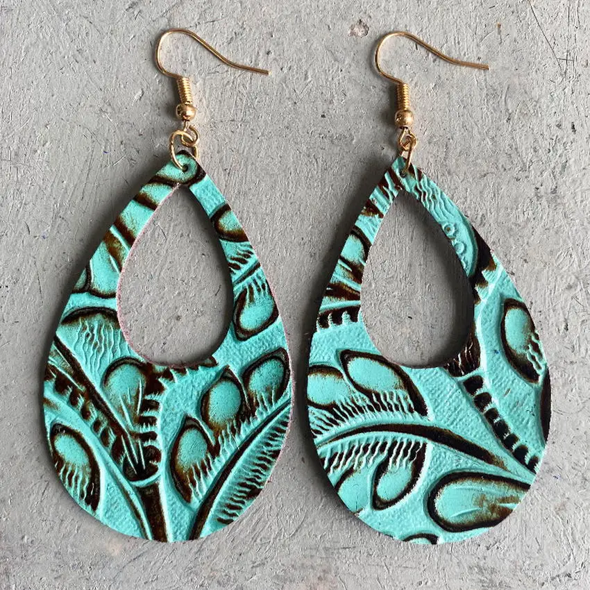 Western Tooled Genuine Leather Teardrop Earrings Cheetah Print Cutout Boho Punchy Leather Earrings Lightweight Cute Jewelry Gift