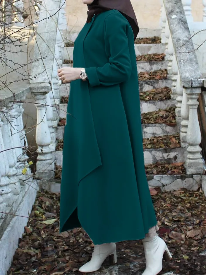 Muslim Double Breasted Overcoat Long Dress Women Eid Abaya Kaftan Hoddies Abayas with Pockets Kaftan Robe Femme Reis İslamic